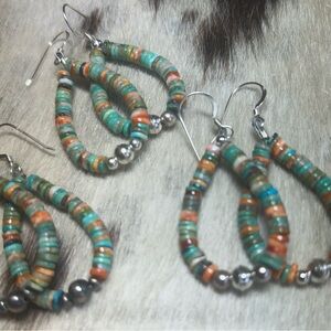 Native American Multi Colored Turquoise Heishi & SS Dangle Earrings